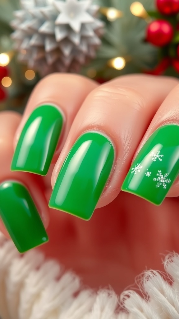Short Square Green Christmas Nails Design Short square nails painted green for Christmas, with glitter accents.